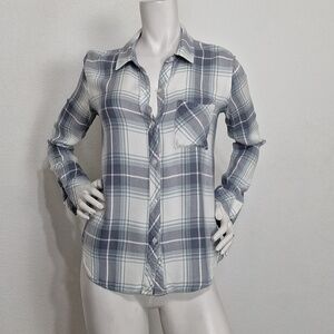 Rails Gray White Plaid Academia Cozy Button-Down Shirt Long Sleeve Size S